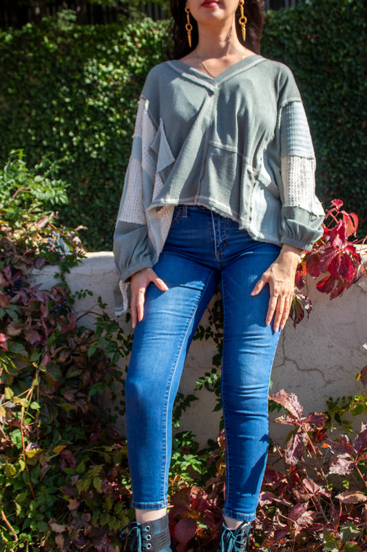 Teal oversized patched long sleeve shirt