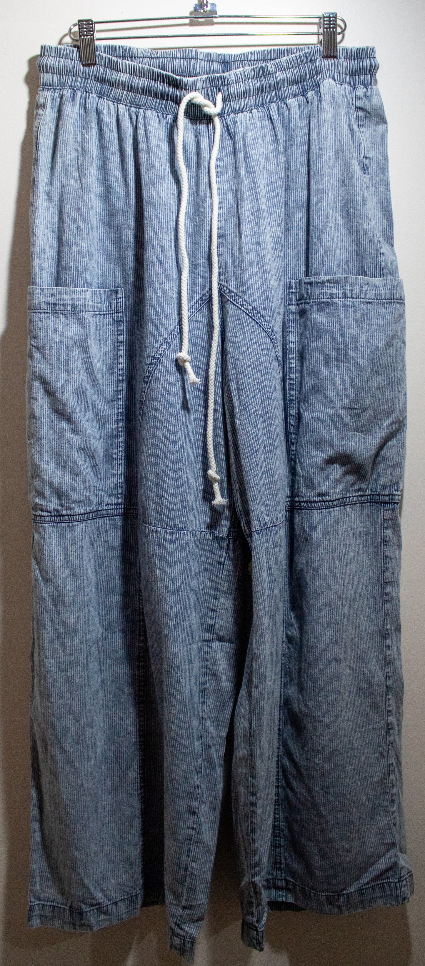 Stone Washed Denim Pinstriped Wide Leg Pants