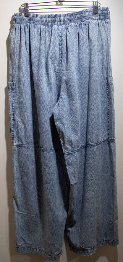 Stone Washed Denim Pinstriped Wide Leg Pants