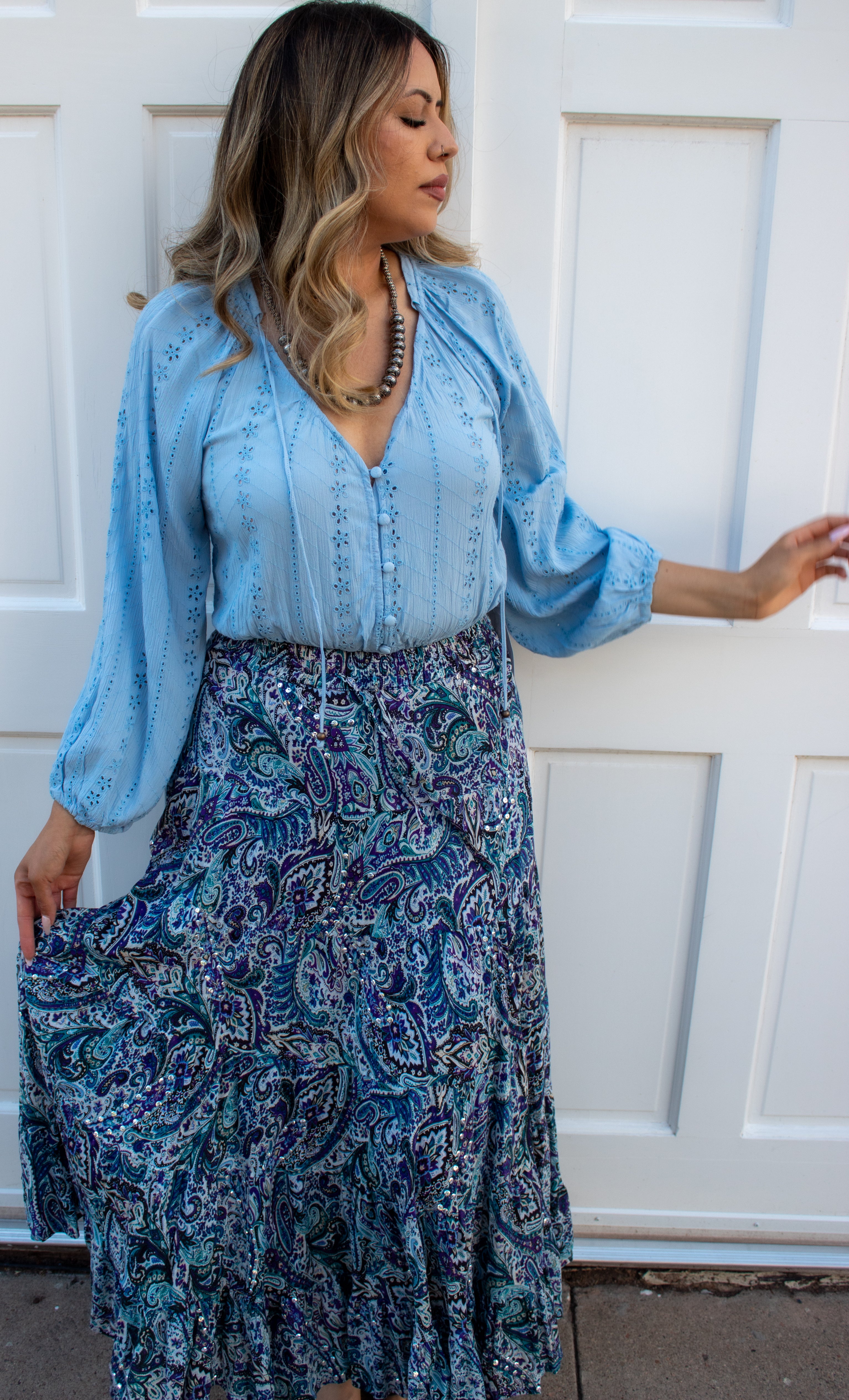 Eyelet Long Sleeve Midriff Top