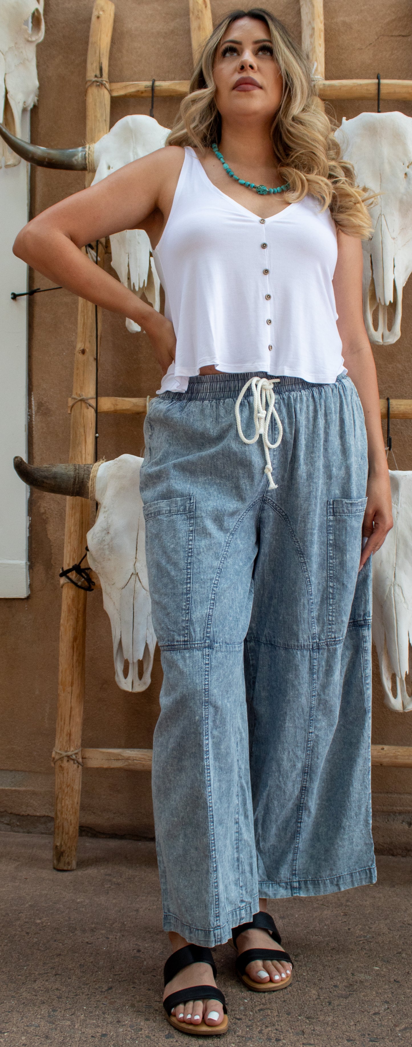 Stone Washed Denim Pinstriped Wide Leg Pants